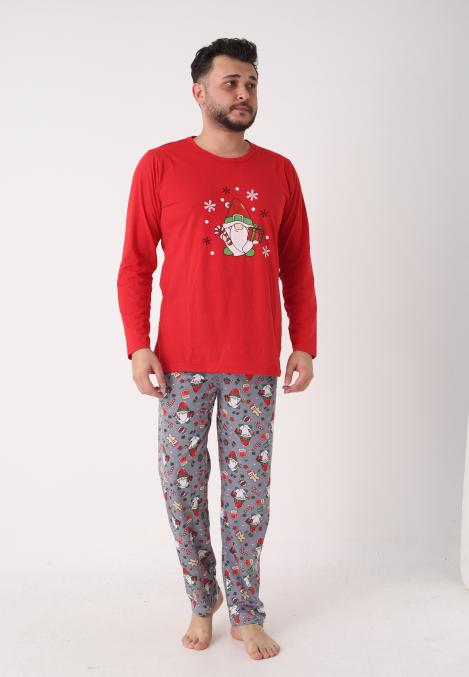 Pijama barbati Craciun,maneca lunga si pantaloni lungi,imprimeu mos,En-gros